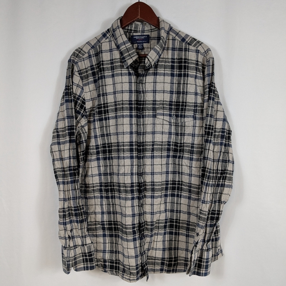 American Eagle Flannel Shirt Mens Gray Plaid Size XXL Button Down Slim Fit A117